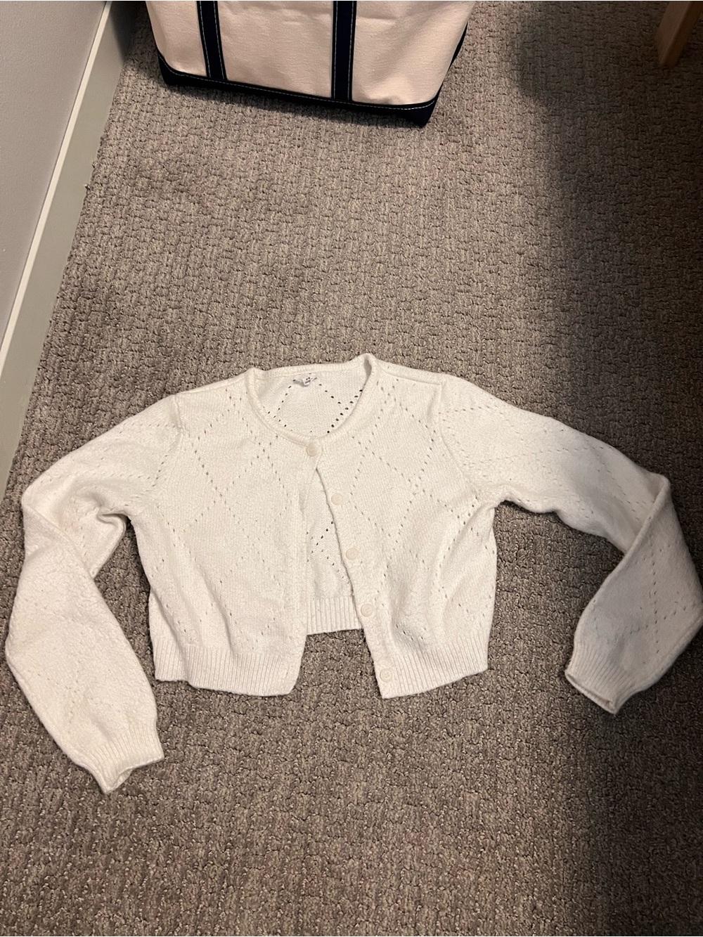 Garage White Cropped Eyelet Knit Cardigan